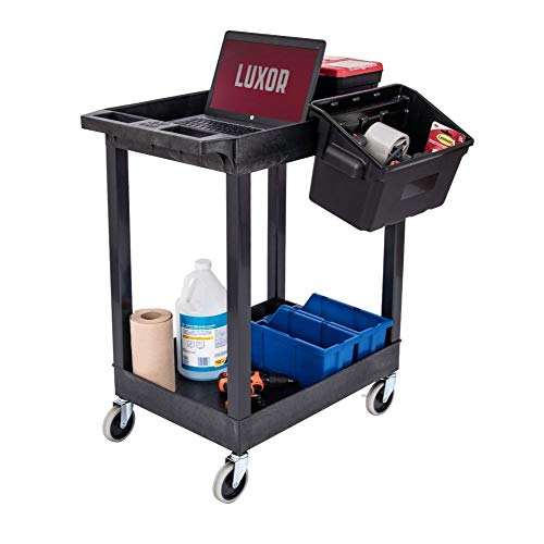 24 in. x 18 in. Plastic Utility Tub Cart - Two Shelves with Outrigger Utility Cart Bins - Black