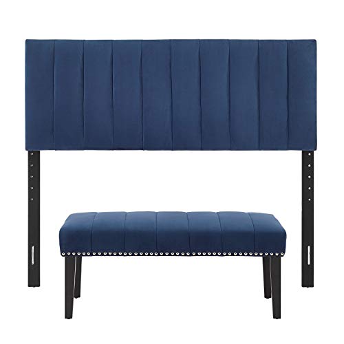 Channeled Upholstered Full / Queen Headboard and Bench Set in Sapphire Blue