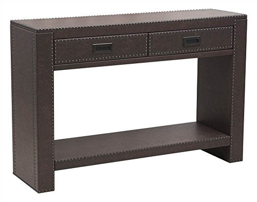 Brown Faux Leather Drawer Console with Nail head Trim