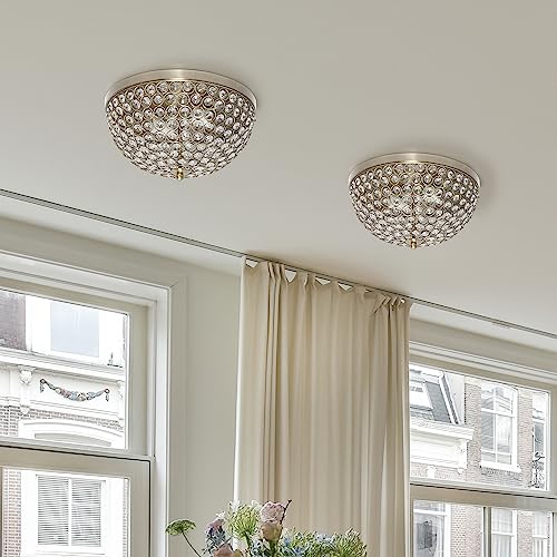 Elegant Designs Elipse Crystal 13 Inch Modern Metal 2 Light Bowl Shaped Ceiling Flush Mount Fixture 2 Pack for Bedroom Living Room Entryway Hallway Foyer Dining Room Antique Brass