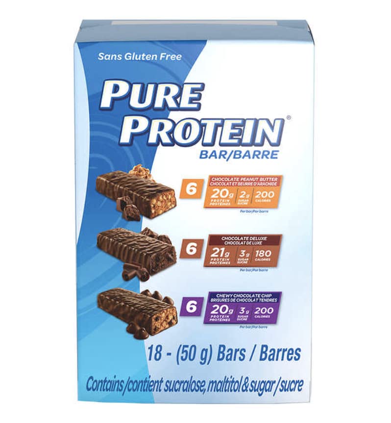Pure Protein Variety Pack Chocolate Chip, Deluxe & Peanut Butter, 18 X 50g Bars, 900g/31.7oz (Shipped from Canada)