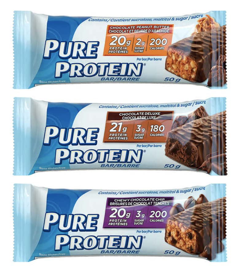 Pure Protein Variety Pack Chocolate Chip, Deluxe & Peanut Butter, 18 X 50g Bars, 900g/31.7oz (Shipped from Canada)