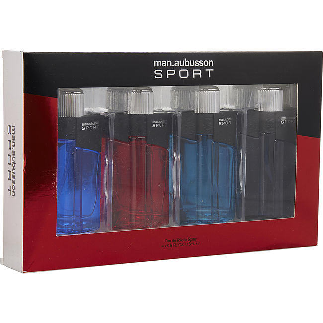 AUBUSSON VARIETY by Aubusson 4 PIECE MENS MINI VARIETY WITH SPORT BLUE & SPORT RED & SPORT AQUA & SPORT BLACK & ALL ARE EDT SPRAY 0.5 OZ For Men