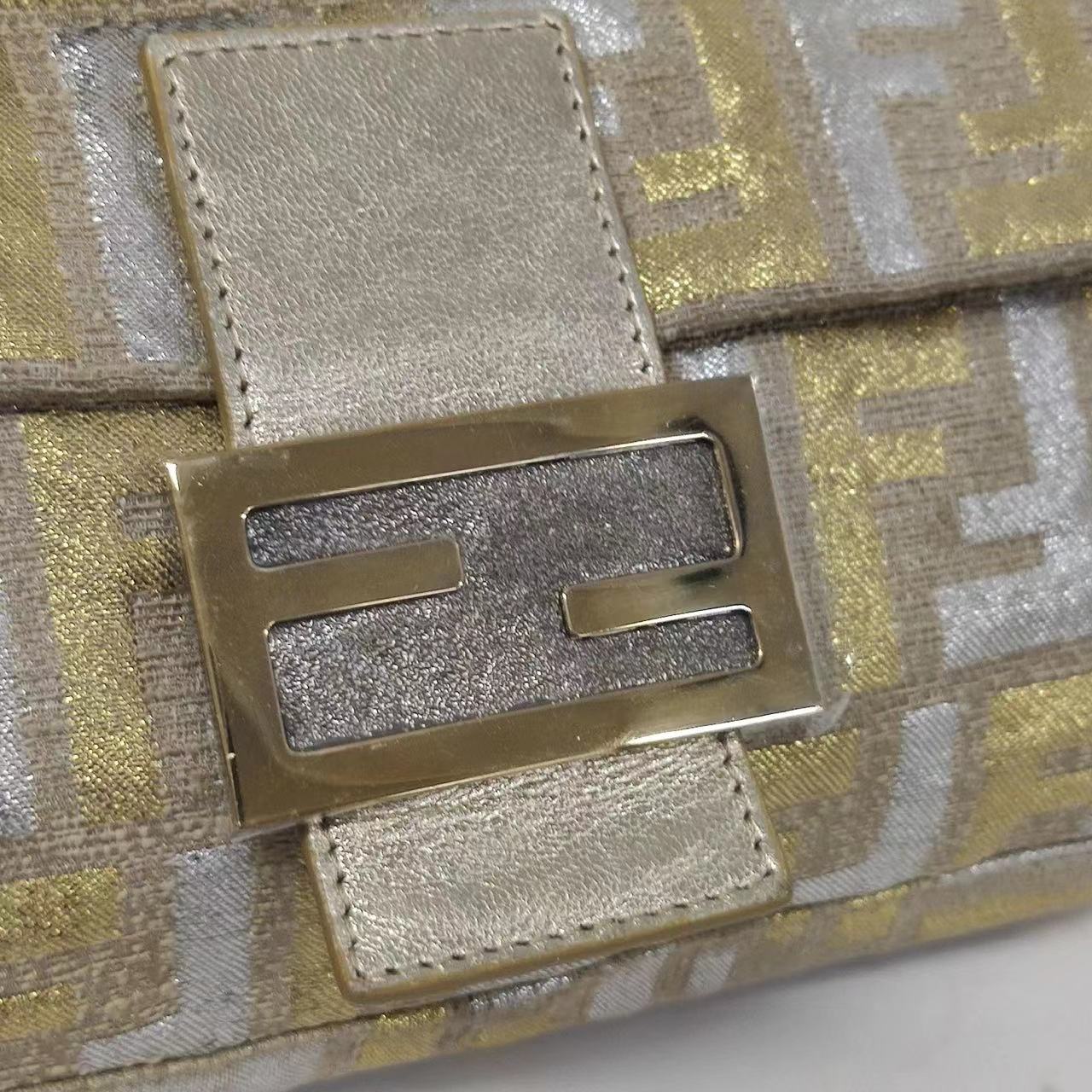 Fendi Baguette Gold and Silver Thread FF Monogram Shoulder Bag
