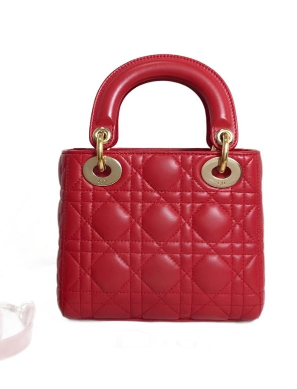 Sold Lady Dior Red Mini handbag Cannage Leather with strap