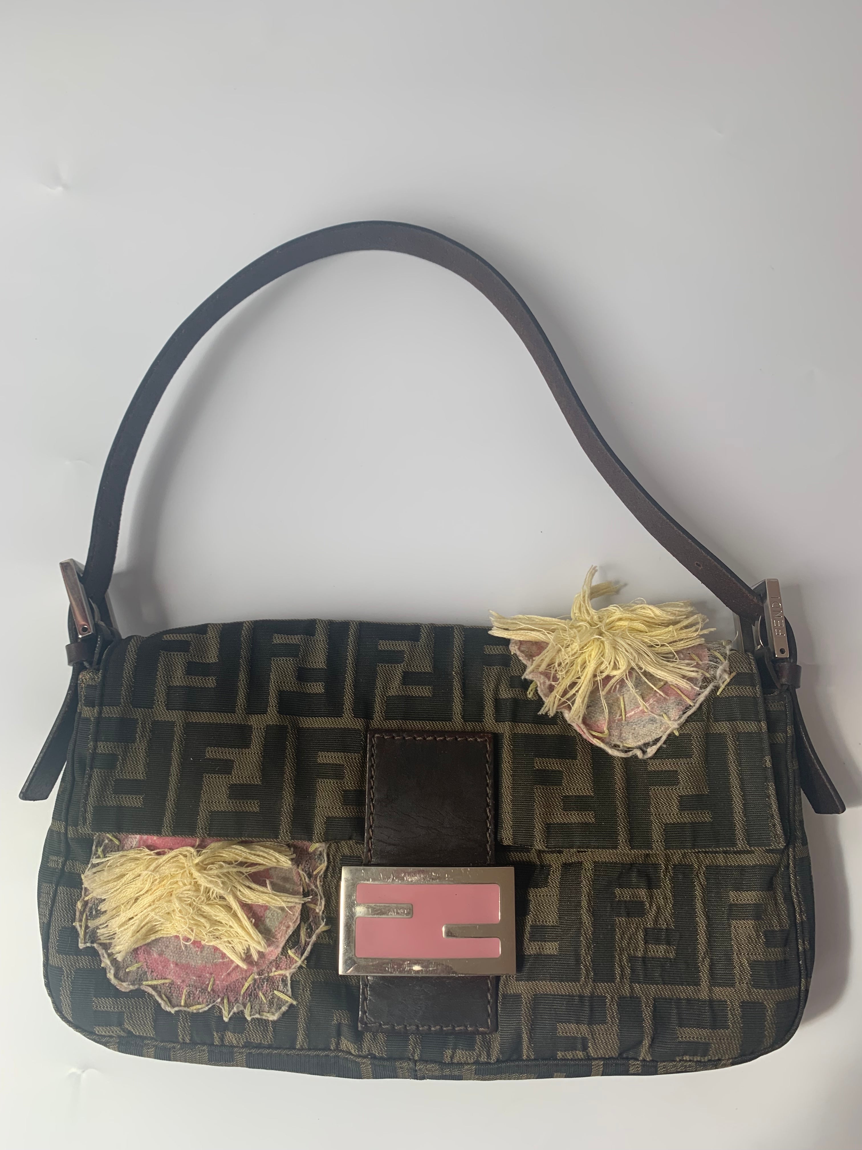 FENDI Baguette Zucca Print with Flower Embroidery