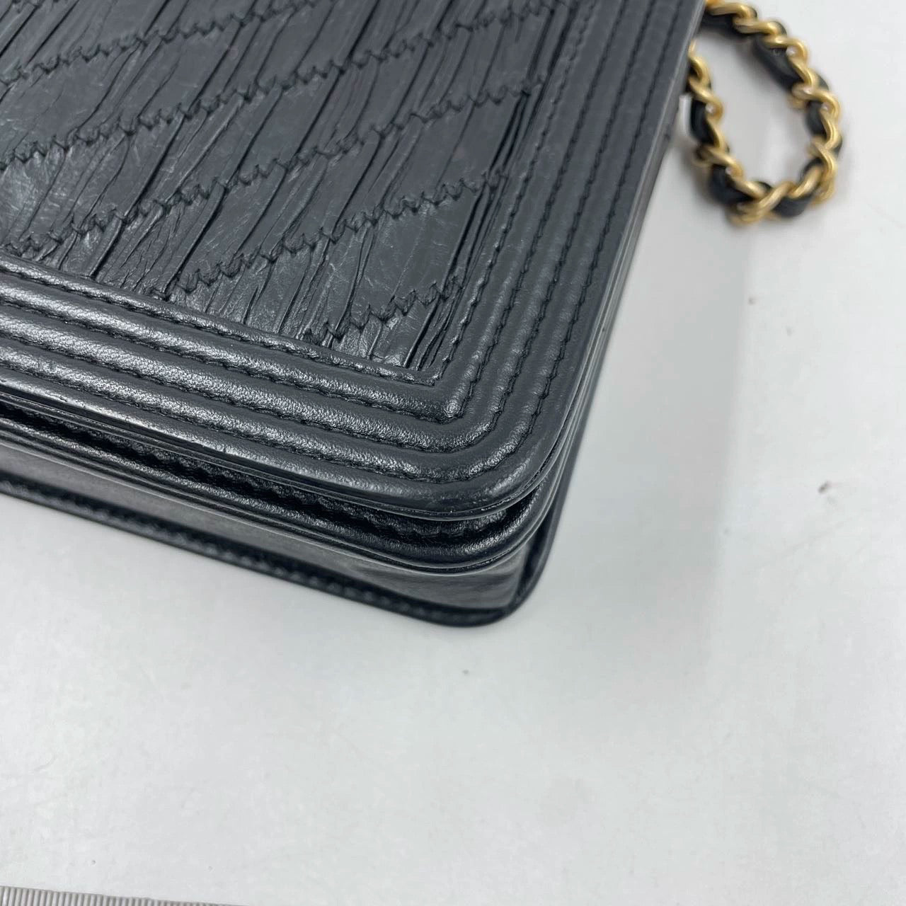 Chanel Wallet on Chain WOC Boy Black Calfskin Leather Chevron Wrinkled Effect