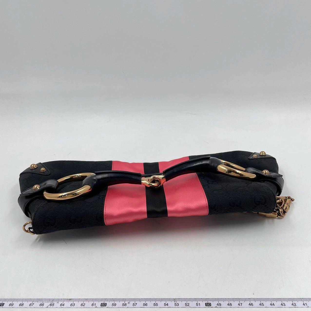 Sold Gucci Horsebit 1955 Chain Large Shoulder Bag Black Monogram with Pink Silk