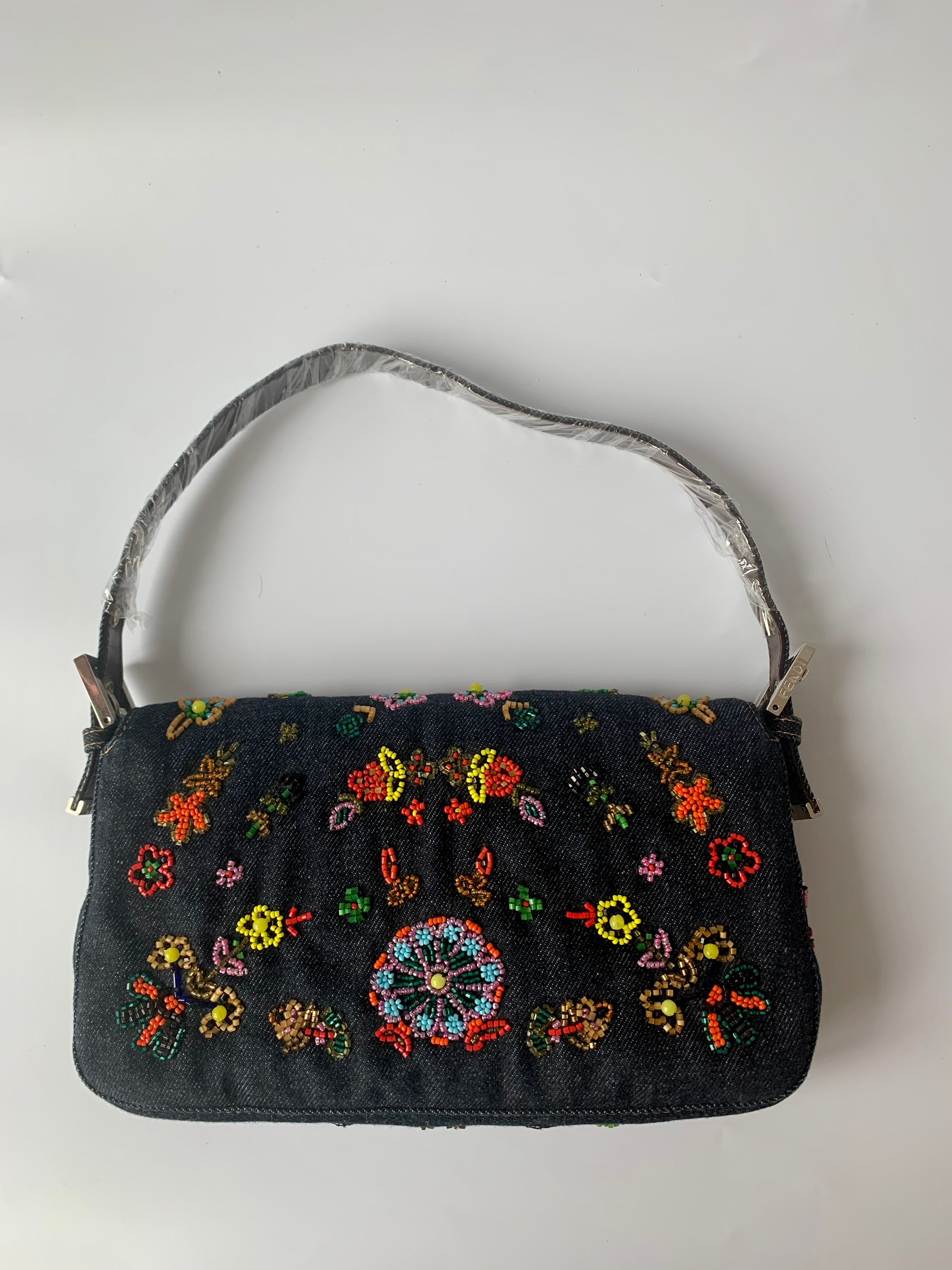 Sold FENDI Baguette Blue Denim with beaded Flower Embroidery