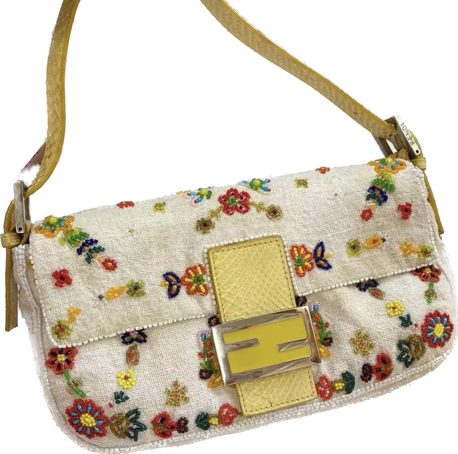 Sold Fendi Baguette glitter white canvas with floral beads