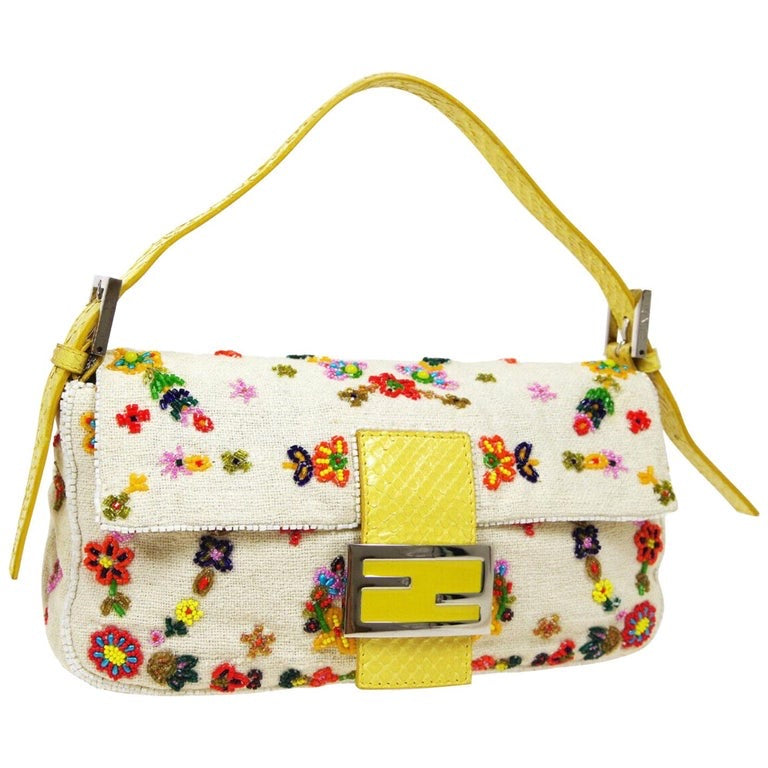 Sold Fendi Baguette glitter white canvas with floral beads