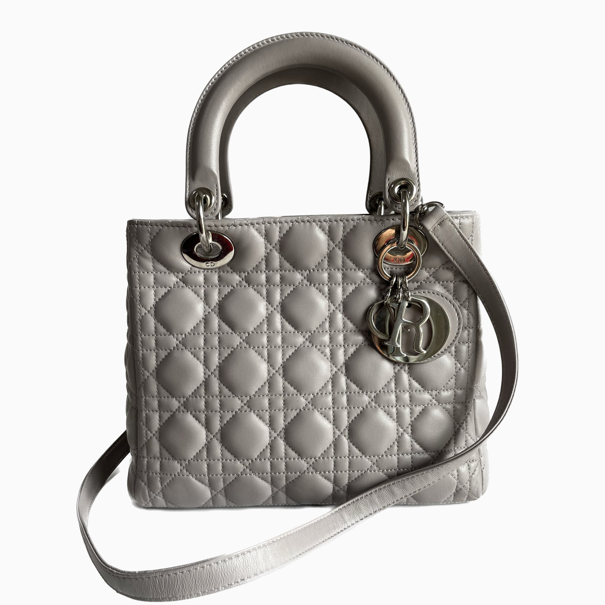 Sold Lady Dior Grey Cannage Leather Medium with strap