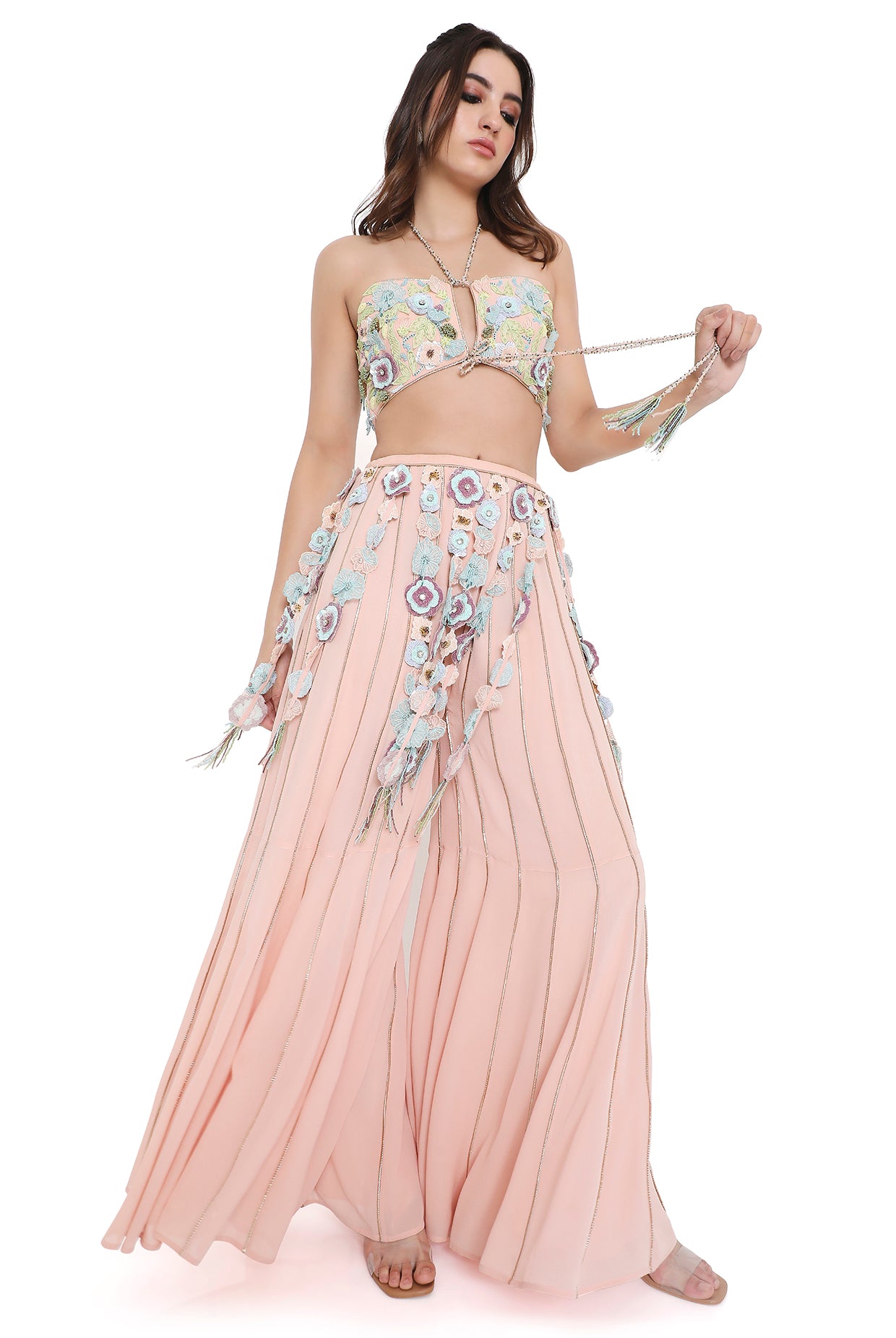 Rose Pink Embroidered Sharara Set with Hanging 3D Flower Tassels