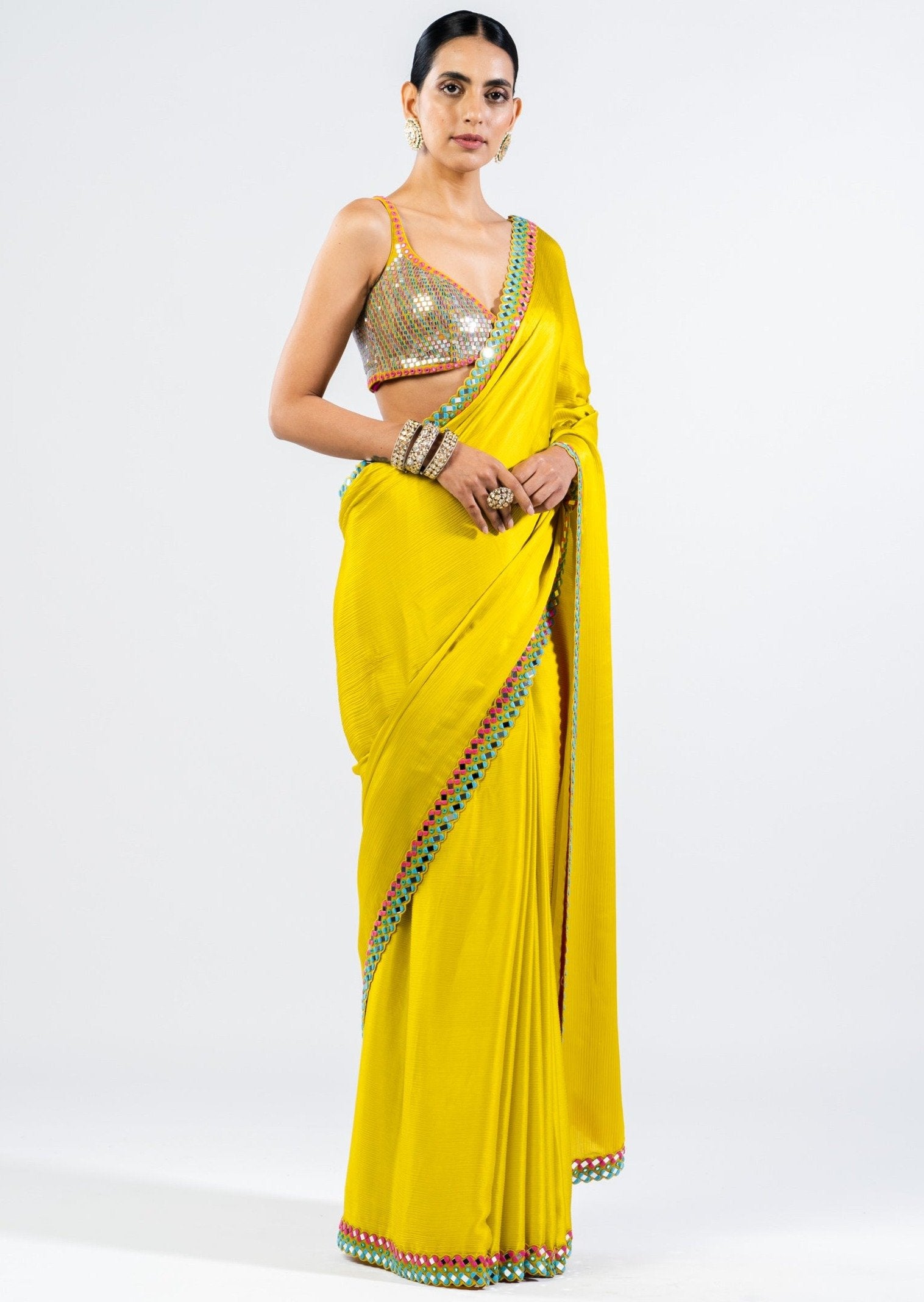 Moss Green Satin Chiffon Sari with Metallic Blouse