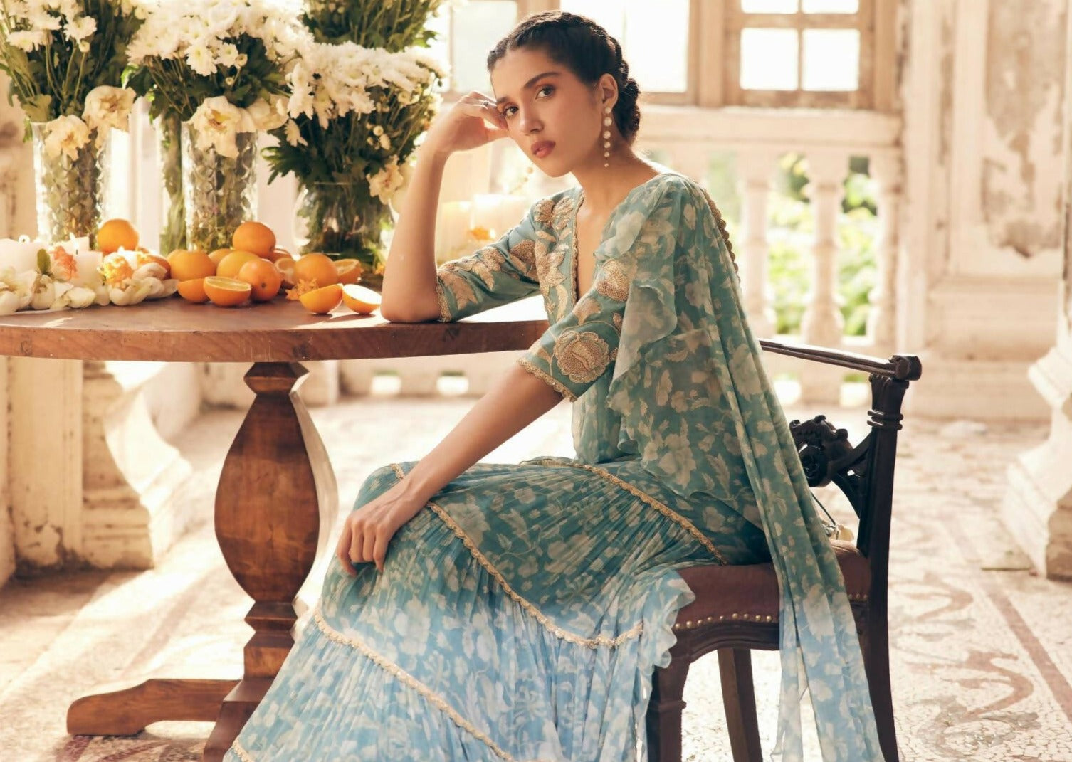 Ice Blue Vintage Floral Chiffon Sari Set