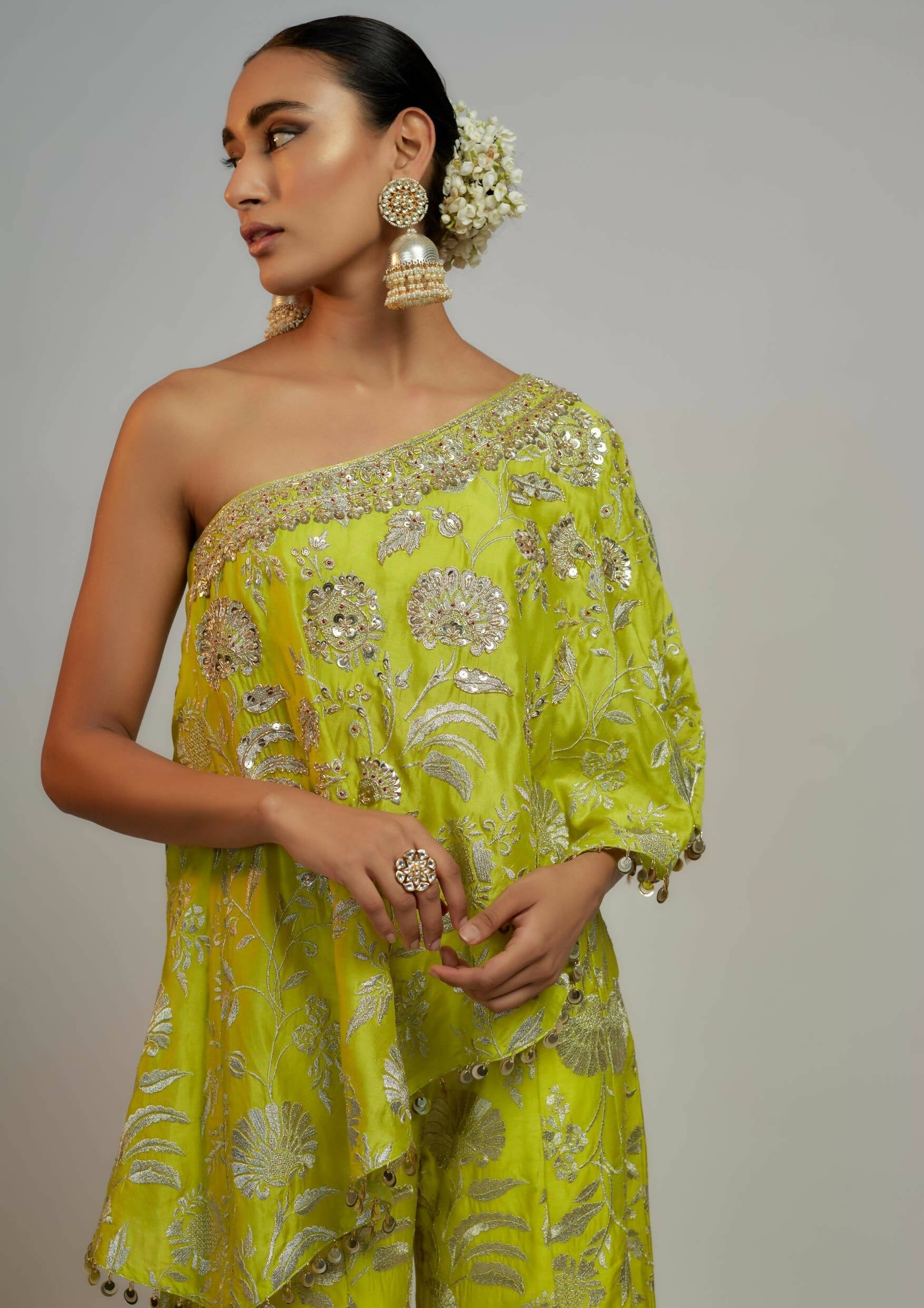 Shamita Shetty Lime Green Arsh One Shoulder Set