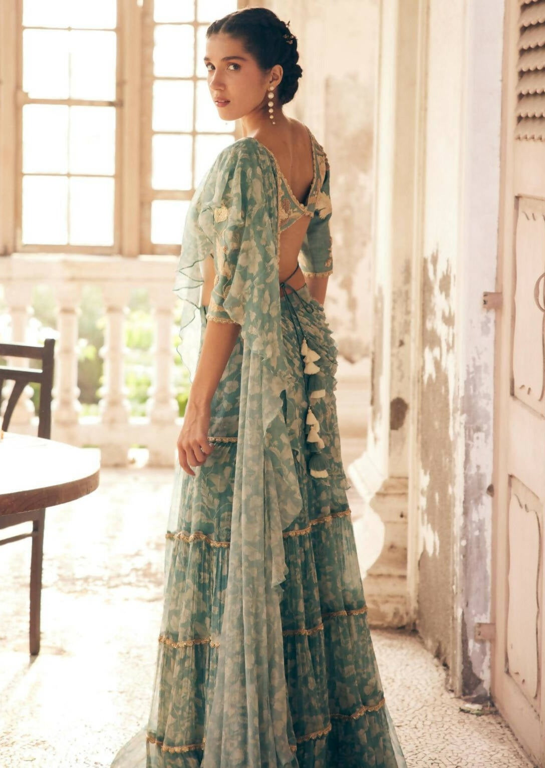 Ice Blue Vintage Floral Chiffon Sari Set