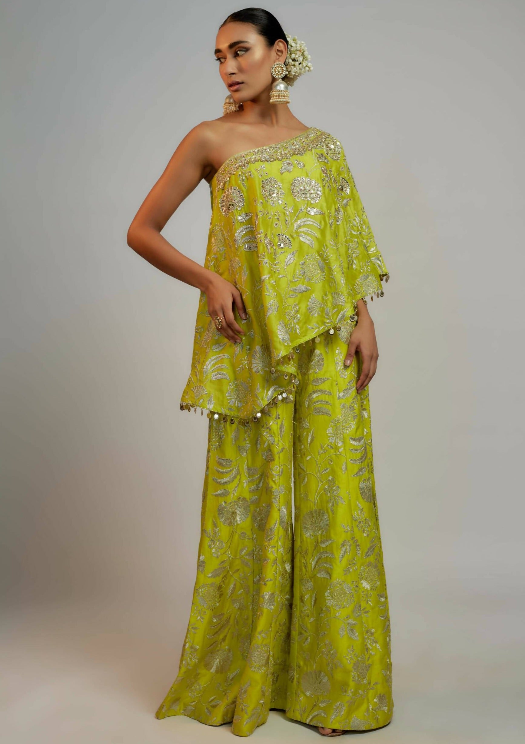 Shamita Shetty Lime Green Arsh One Shoulder Set