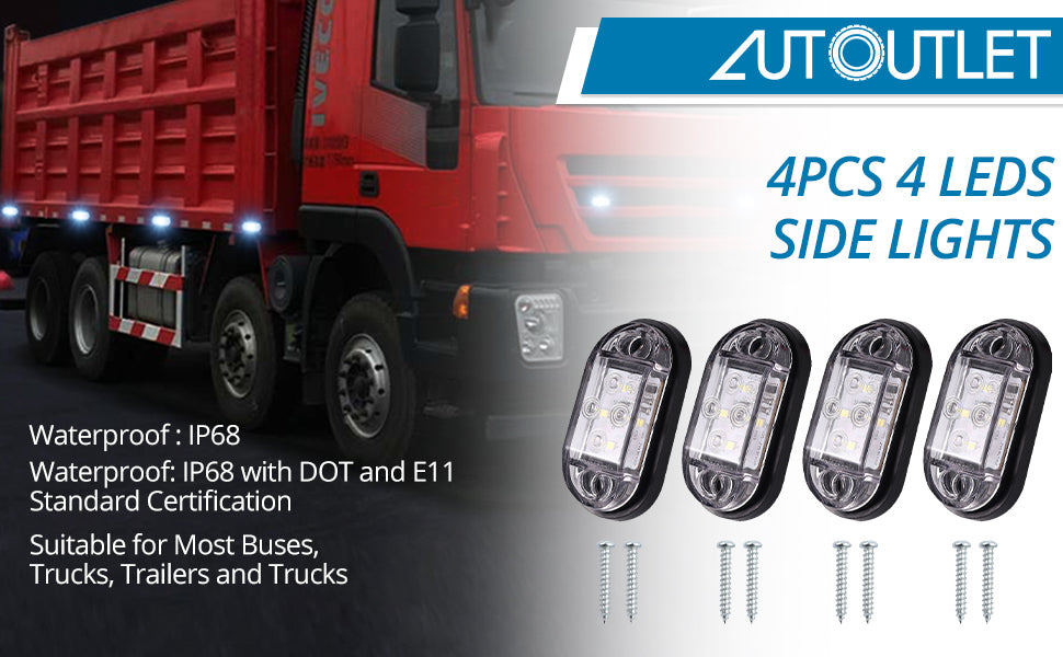 AUTOUTLET 4 Pcs White 12V 24v 4Led Rear Tail Side Marker Lights Lamps