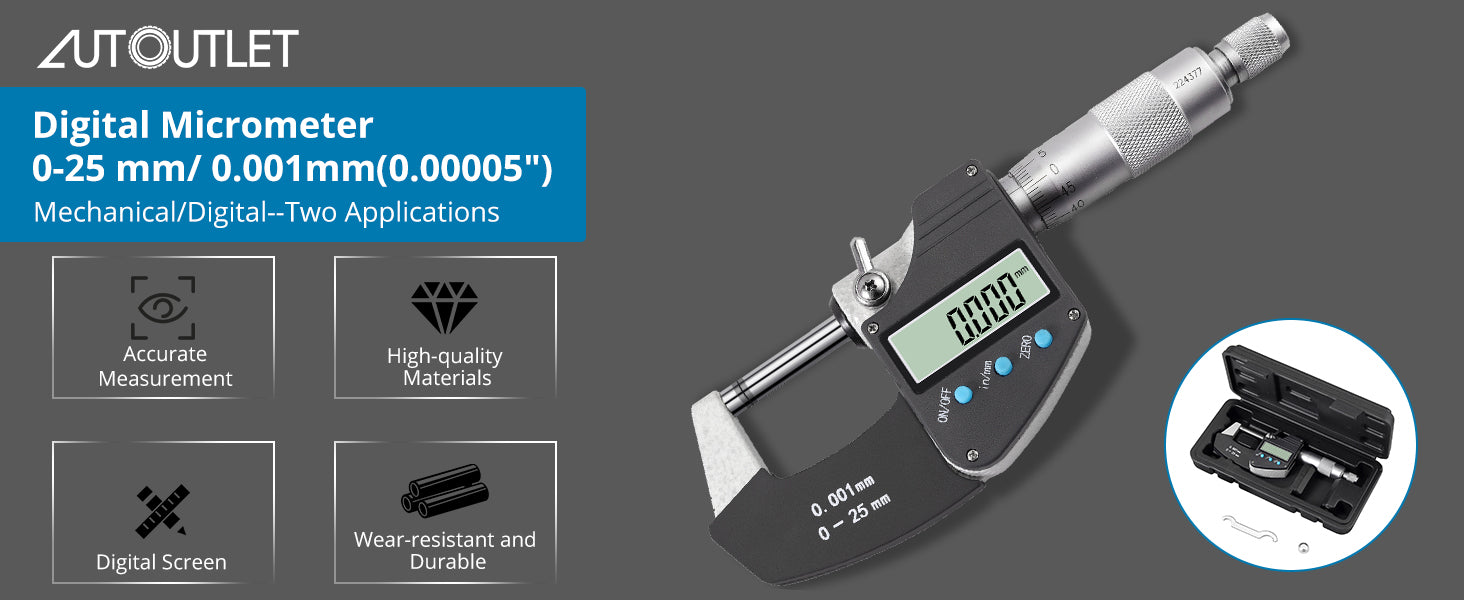 AUTOUTLET Micrometer Digital Outside Micrometer 0-25mm/ 0.001mm(0.00005")
