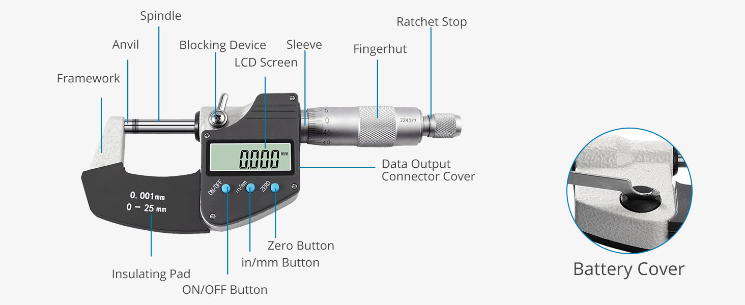 AUTOUTLET Micrometer Digital Outside Micrometer 0-25mm/ 0.001mm(0.00005")