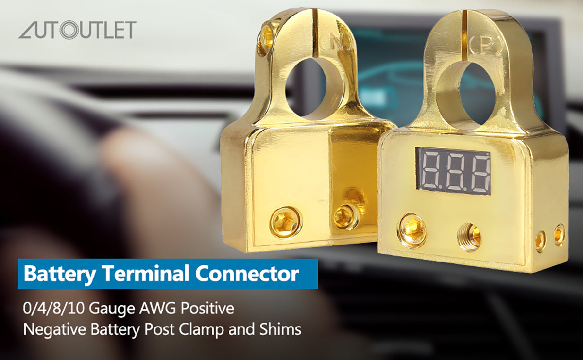 AUTOUTLET Car Battery Terminal Connectors with Voltmeter Golden 0/4/8/10 Gauge (Pair)