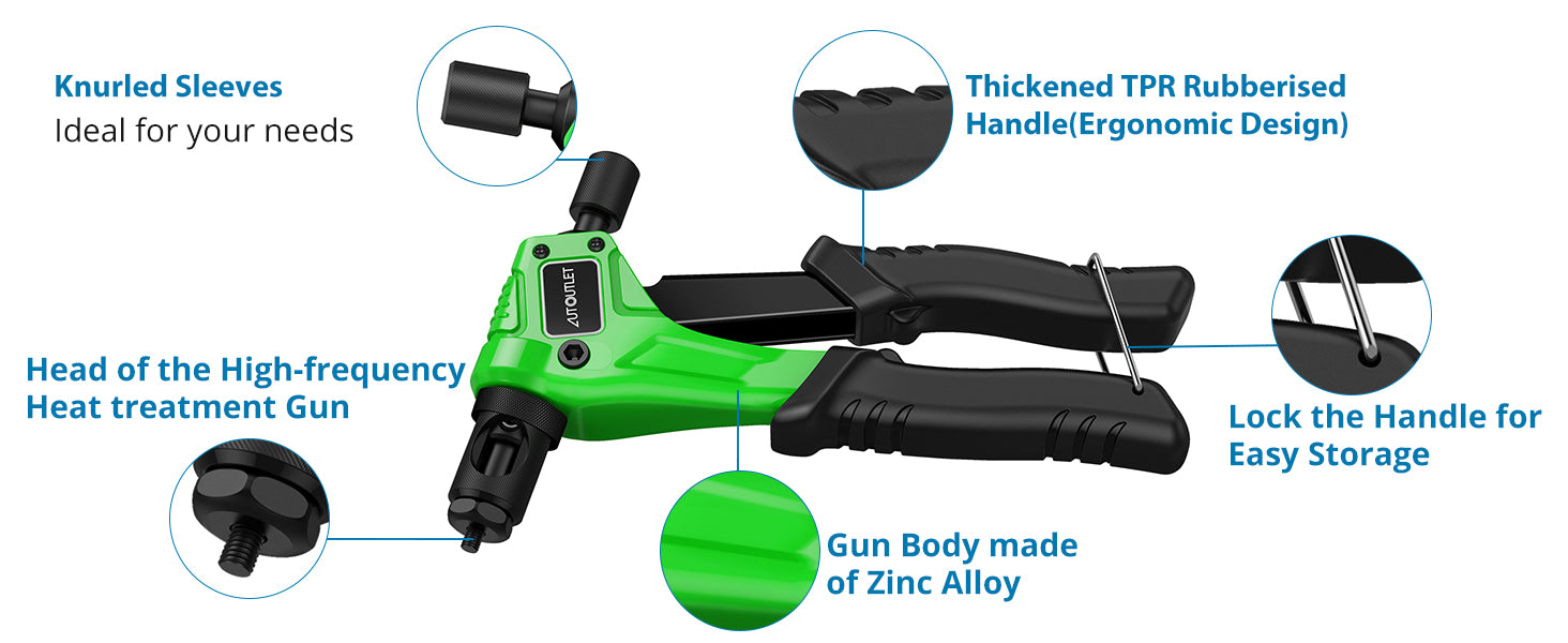 AUTOUTLET 8" Rivet Nut Gun with Replaceable Nozzles M3 M4 M5 M6 Green Black