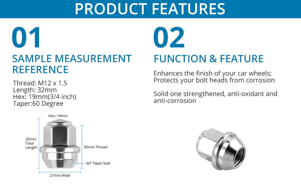 AUTOUTLET Alloy Wheel Nuts Set M12 x 1.5 Nuts Taper 19mm(3/4 inch)