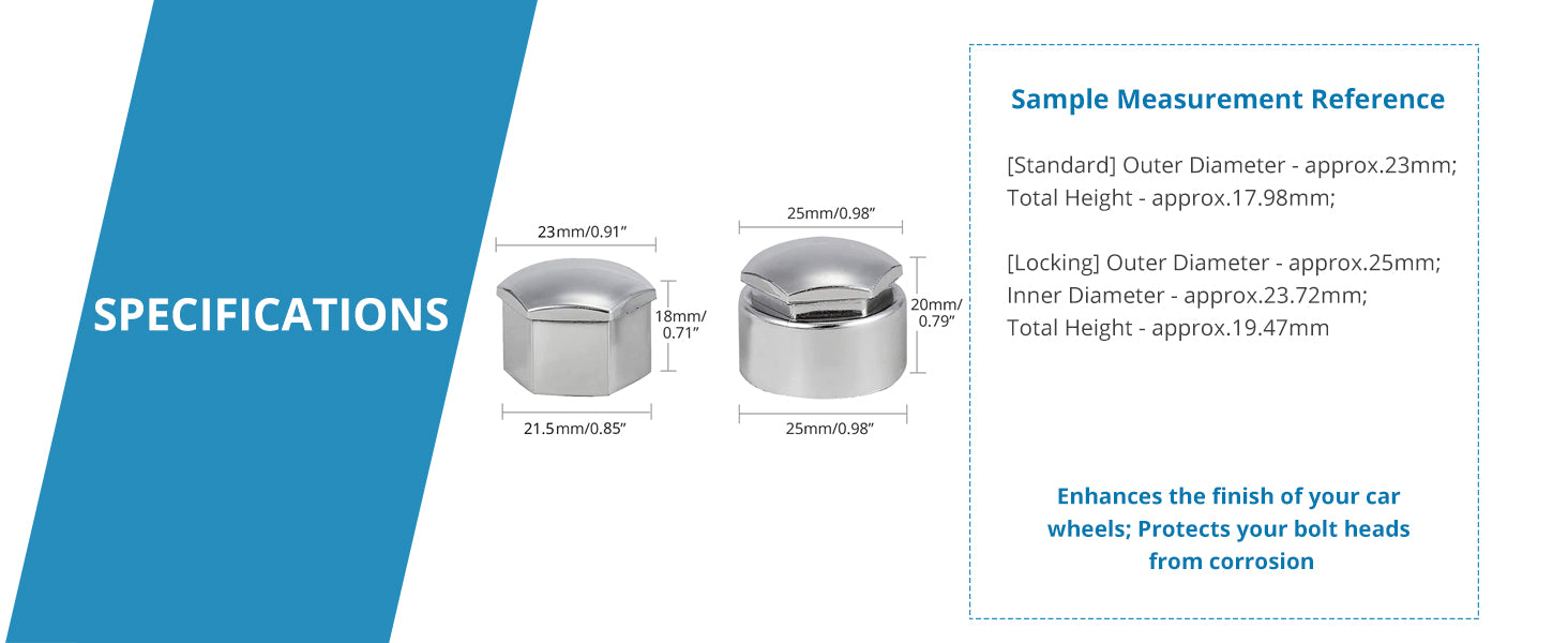 AUTOUTLET 20PCS (16 Standard Sizes + 4 Locking Sizes) Silver Hexagonal Plating Chrome Wheel Nut Caps