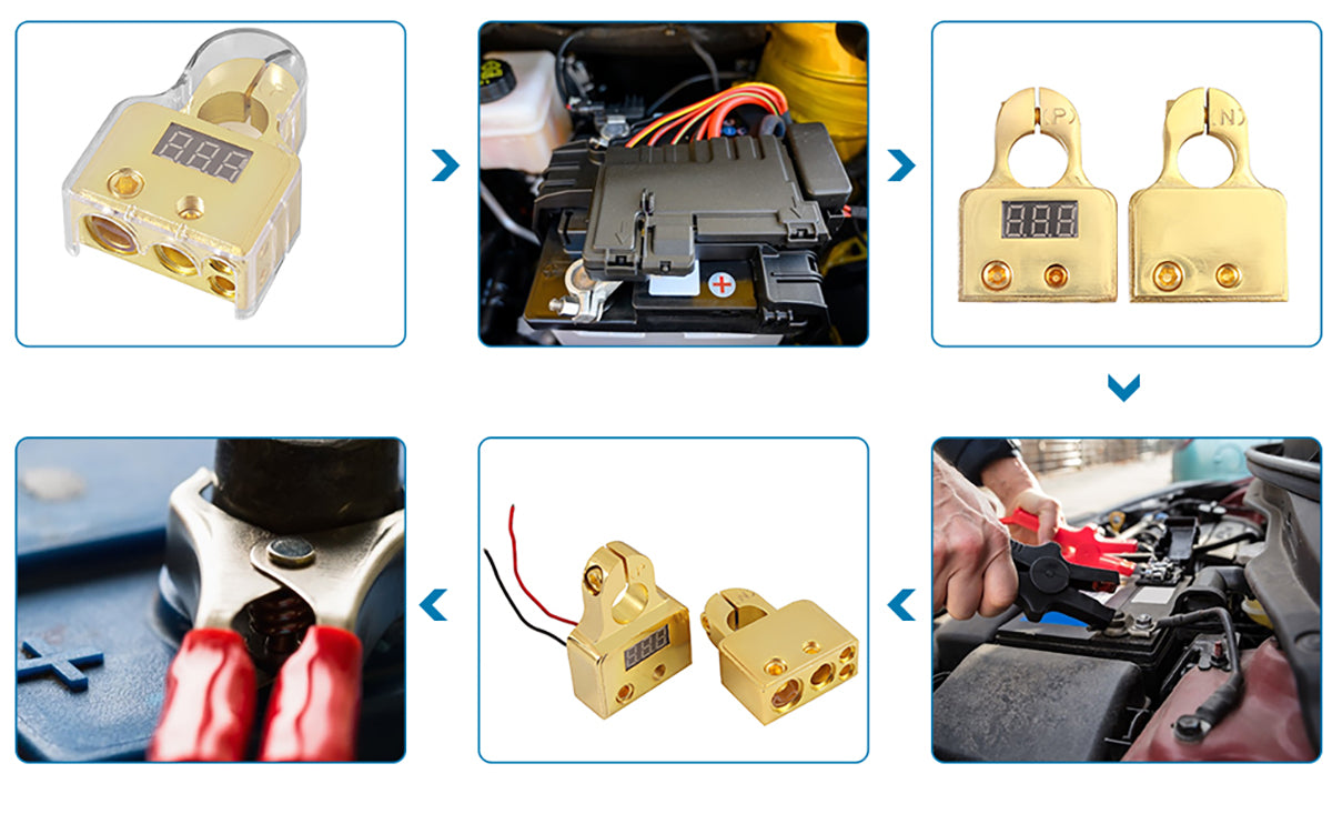 AUTOUTLET Car Battery Terminal Connectors with Voltmeter Golden 0/4/8/10 Gauge (Pair)