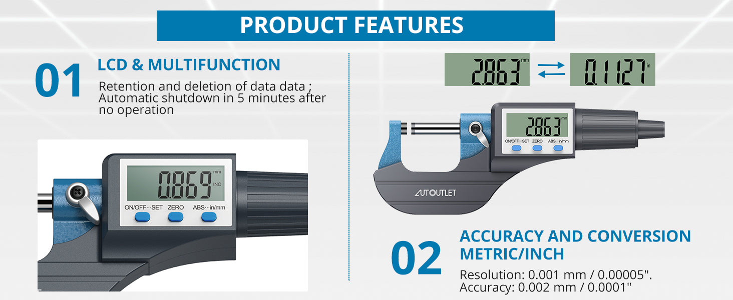 AUTOUTLET 0~25mm Electronic LCD Digital Display Outside Micrometer