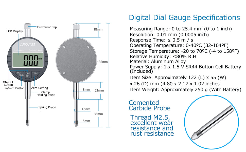 AUTOUTLET Digital Dial Indicator Probe 0.01mm/0.0005'' Range DTI Gauge Dial Test Indicator 25.4mm/1'' High-precision Measurement Industrial Indicators