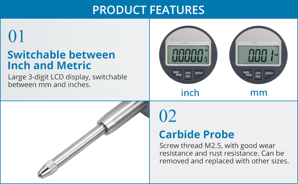 AUTOUTLET Digital Dial Indicator Probe 0.001mm/0.00005'' Range