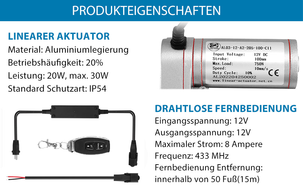 Linear Actuator DC 12 V 750 N 100 mm + Wireless Remote Control Kit