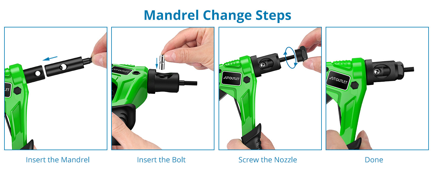 AUTOUTLET 8" Rivet Nut Gun with Replaceable Nozzles M3 M4 M5 M6 Green Black