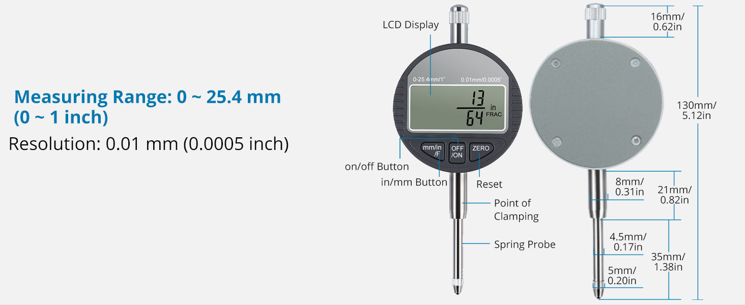 AUTOUTLET DTI Digital Dial Indicator 0.01/0.0005''/1/128” Digital Probe Indicator