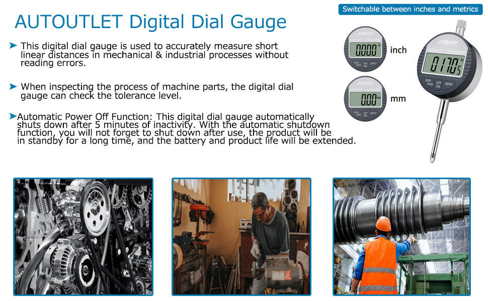 AUTOUTLET Digital Dial Indicator Probe 0.01mm/0.0005'' Range DTI Gauge Dial Test Indicator 25.4mm/1'' High-precision Measurement Industrial Indicators