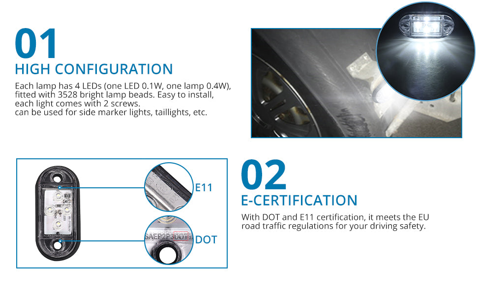 AUTOUTLET 4 Pcs White 12V 24v 4Led Rear Tail Side Marker Lights Lamps