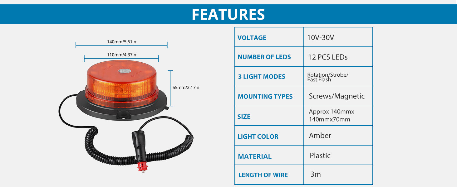 AUTOUTLET 12 LED Strobe Beacon Car Amber Warning Light 10V-30V
