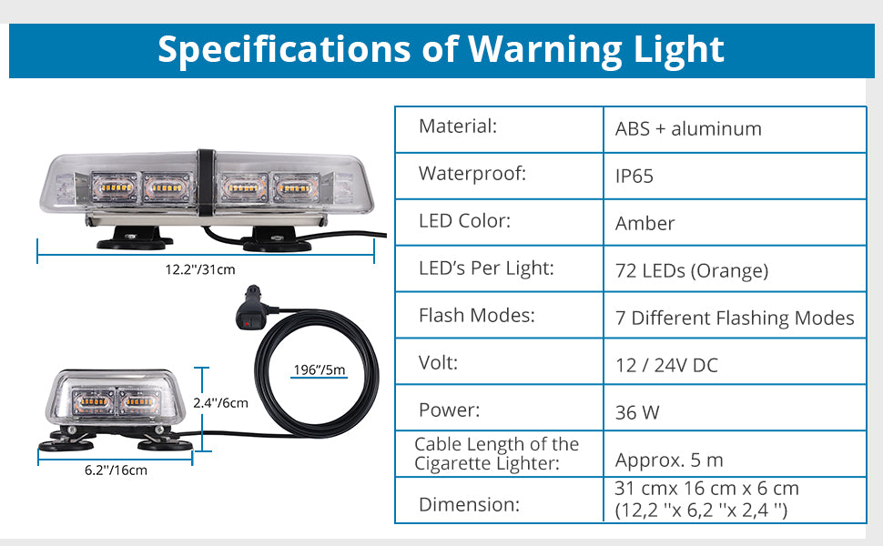 AUTOUTLET 12/24V IP65 72 LEDs Magnetic Emergency Bar Recovery Warning Strobe Light