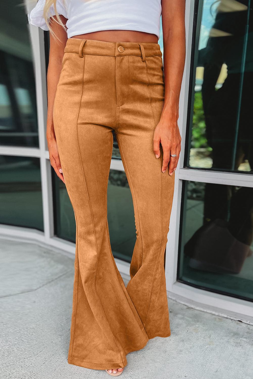 Exposed Camel Flare Suede Pants