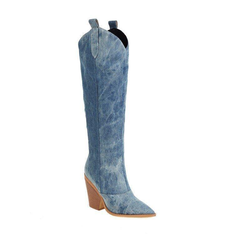 Dolly Denim Western Knee High Boots