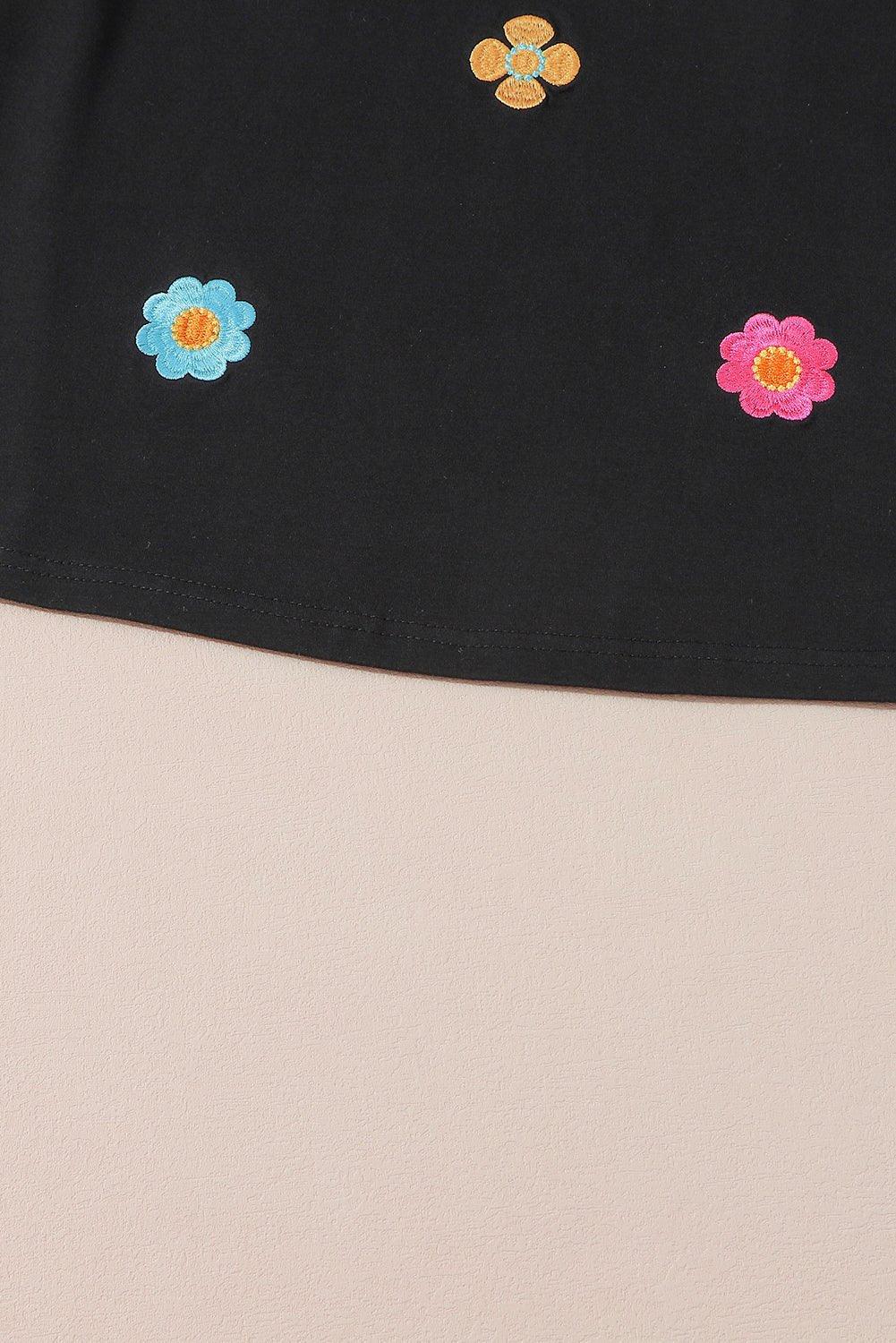 Flowery Embroidered Puff Sleeve Black Sweater