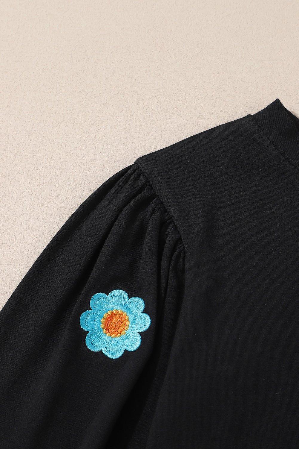 Flowery Embroidered Puff Sleeve Black Sweater