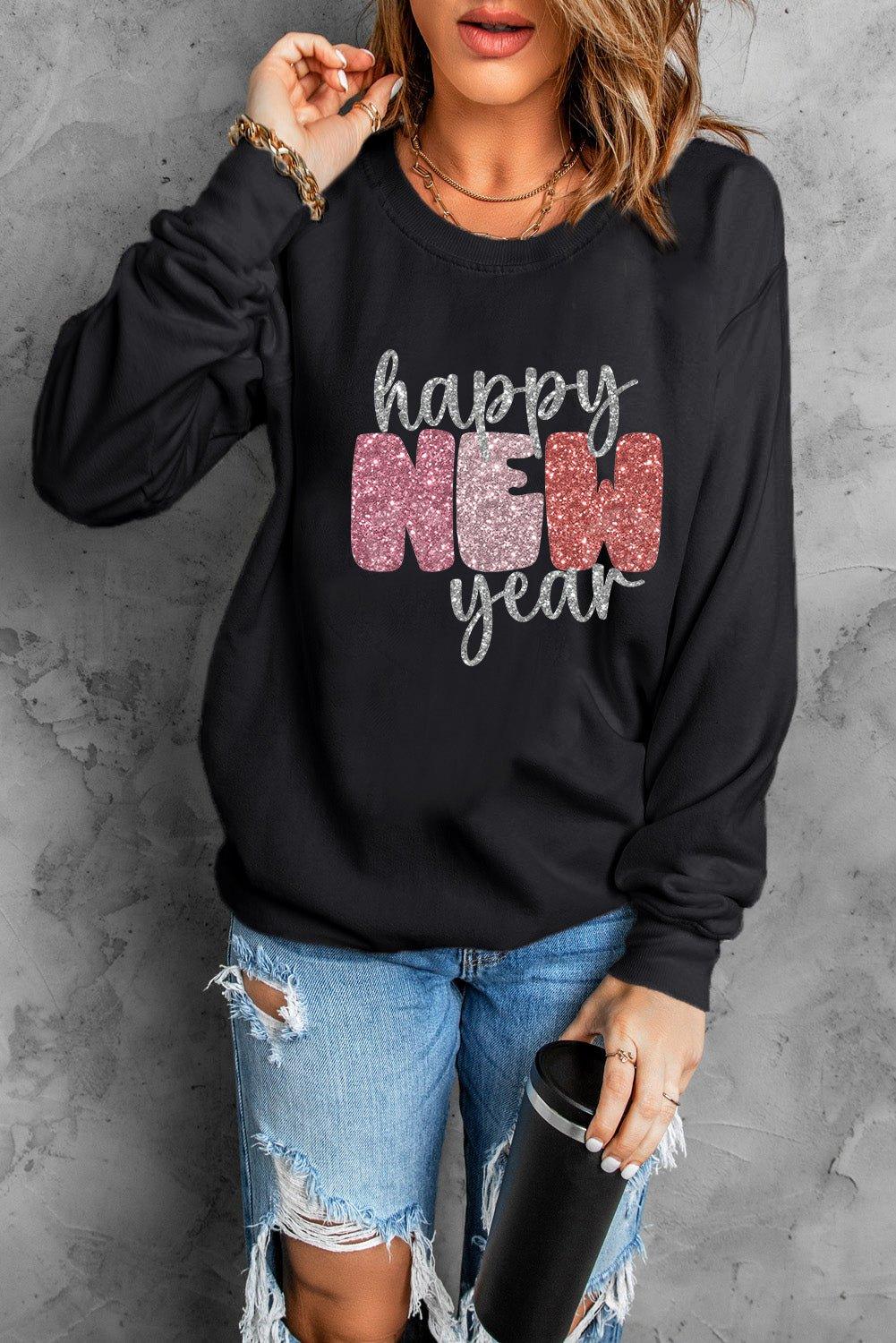 Sparkle Happy New Year Black Graphic Sweatshirt