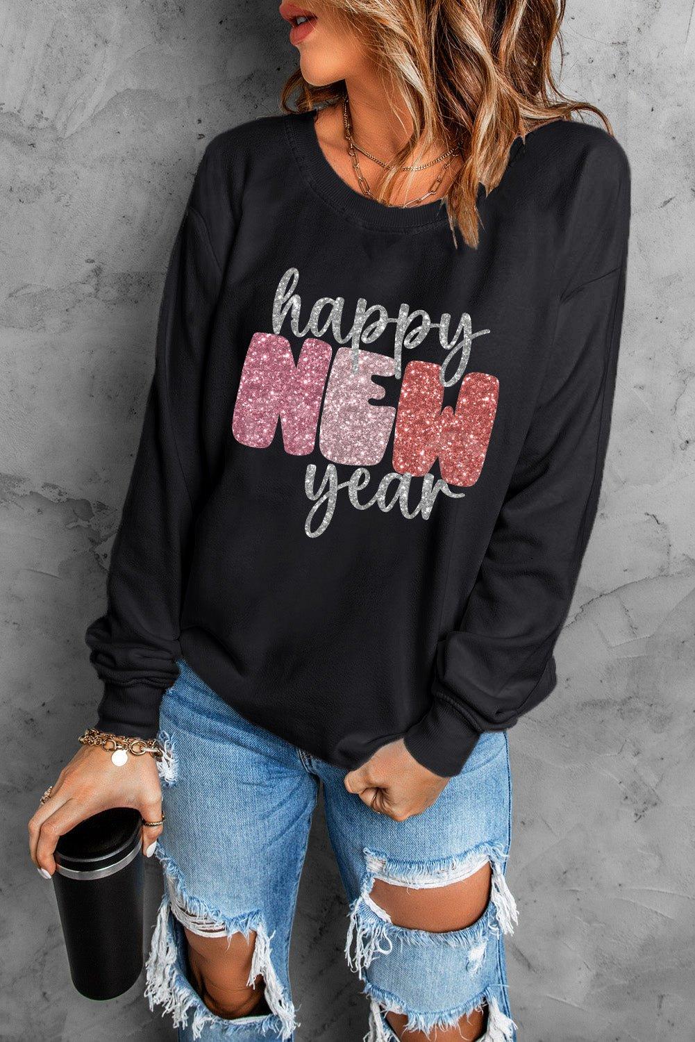 Sparkle Happy New Year Black Graphic Sweatshirt
