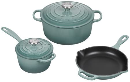 Le Creuset Signature Enameled Cast Iron 5 Piece Cookware Set Sea Salt with Stainless Steel Knobs