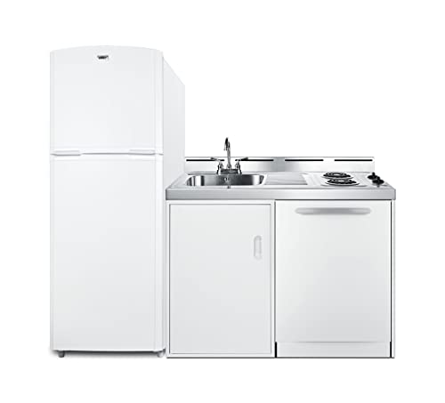 All-in-one combination kitchenette with full-sized refrigerator-freezer dishwasher sink storage cabinet and 2-burner coil cooktop