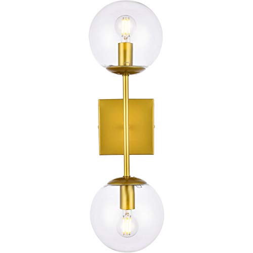 Living District Indoor Modern Home Decorative Bright Ceiling Neri 2 Lights Brass and Clear Glass Wall Sconce