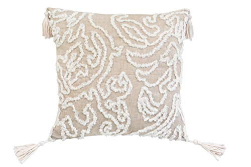 Lea Unlimited Chenille Damask Tassel Decorative Pillow, Beige